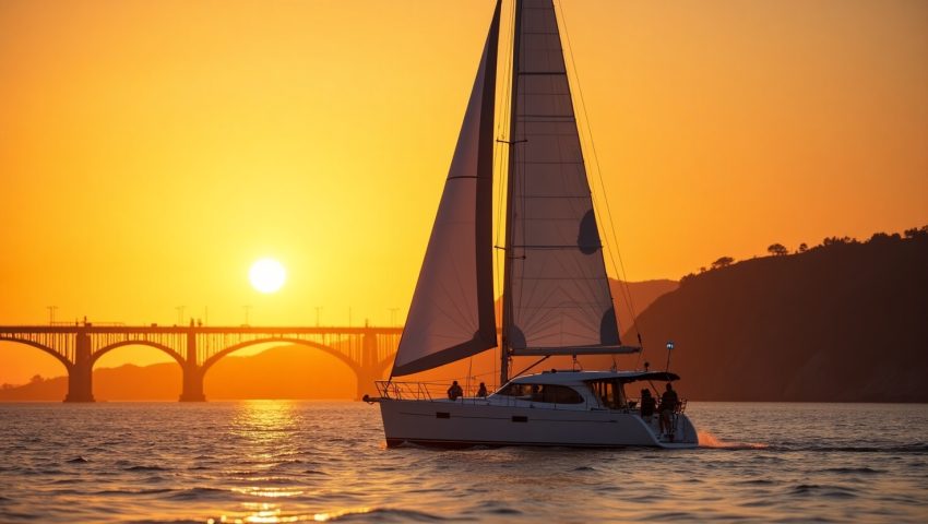 Luxury sailboat gliding through San Diego Bay at sunset with the Coronado Bridge and golden sky in the background