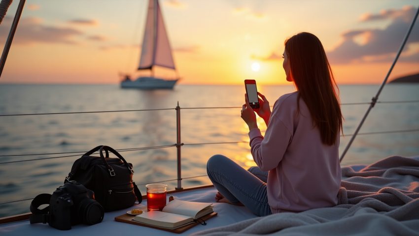 Woman enjoying a San Diego sunset cruise on a sailboat, capturing the view with her smartphone, with essential items like a camera, drink, and journal beside her.