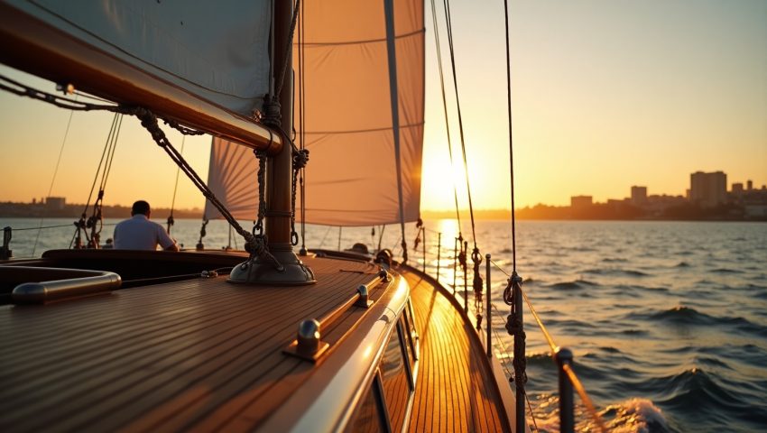 A beautifully restored classic sailboat glides across San Diego Bay at sunset, capturing the timeless elegance of traditional sailing against the city skyline.