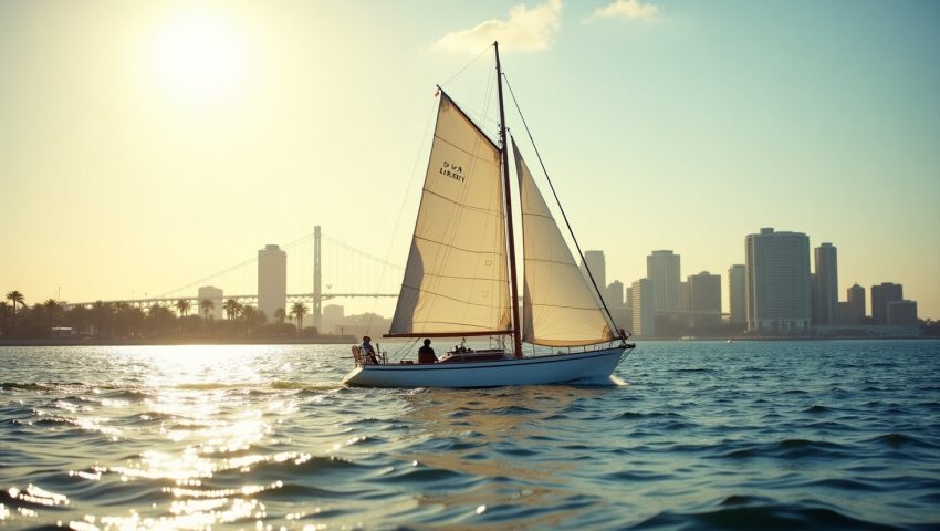 Classic white sailboat gliding across San Diego Bay at sunset with city skyline and Coronado Bridge in the background.