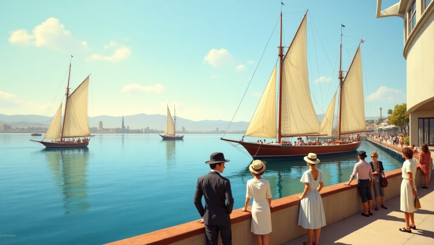 Historic sailing yachts gliding across San Diego Bay with spectators watching from the marina, showcasing the city’s rich maritime heritage and classic sailing tradition.