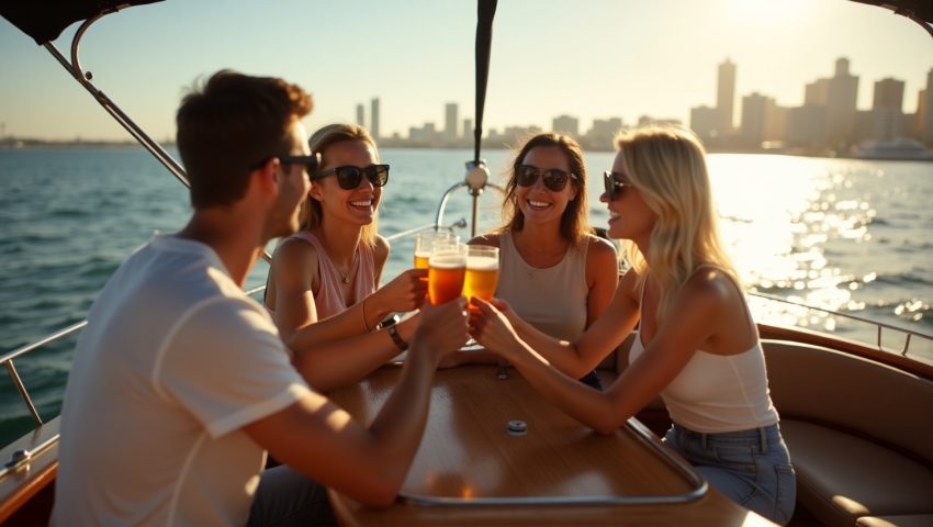 Group of friends enjoying drinks aboard a private afternoon sailing tour on San Diego Bay with the city skyline glowing in the sunset.