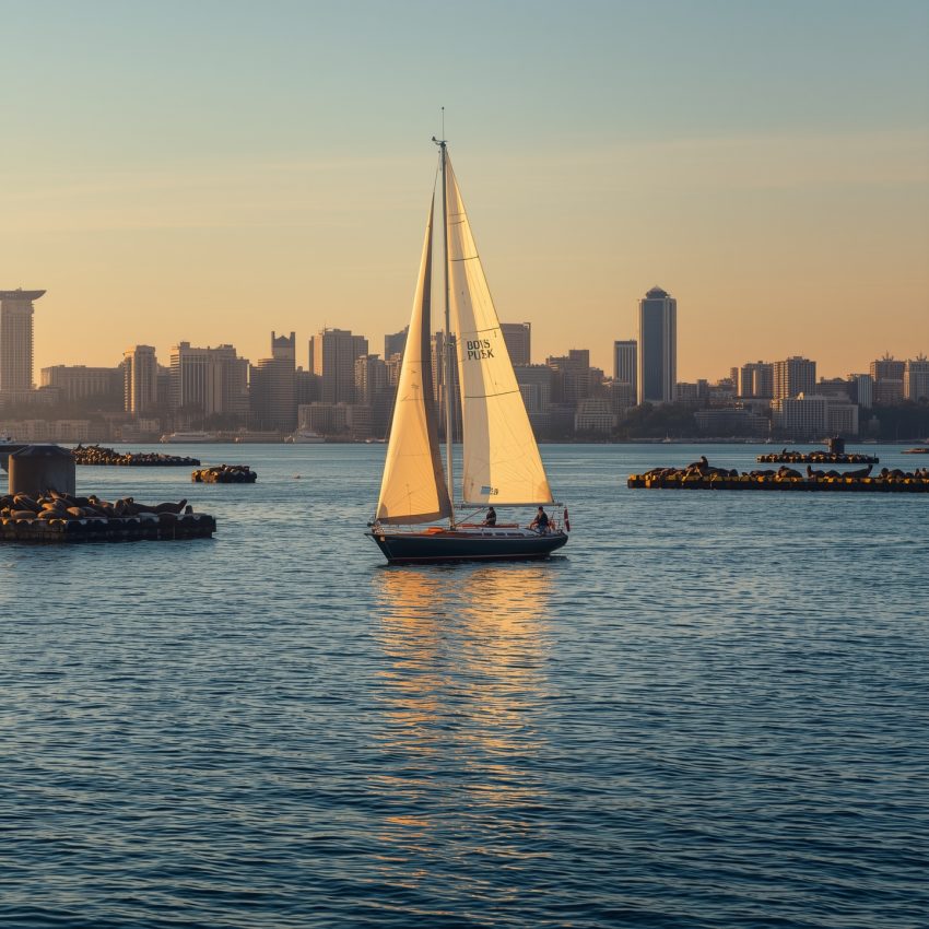 Classic sailboat gliding across San Diego Bay during golden hour with the city skyline in the background