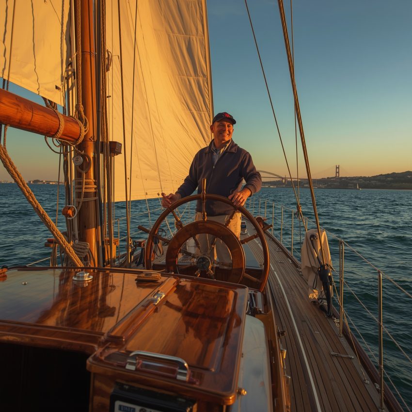 Experienced sea captain steering a classic sailboat during sunset on San Diego Bay