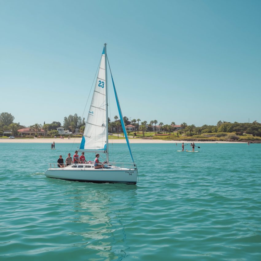Family enjoying a sunny sailing trip in Mission Bay, San Diego, with calm turquoise waters and beach houses in the background